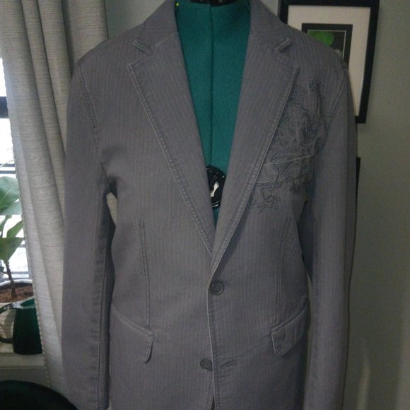 INC International Concepts Other - NWT INC Grey Denim-Style Tonal Striped Blazer with Chest Embroidery Sz M